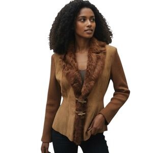 Peter Nygard Collection Brown Suede Fur Trimmed Sweater Jacket Size M J456